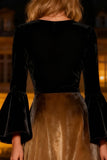Black A-Line Velvet Maxi Holiday Dress with Flare Sleeves