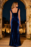 Royal Blue Mermaid Velvet Maxi Holiday Party Dress With Slit