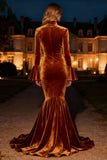Mermaid Brown Velvet Flare Sleeve Long Formal Dress With Slit