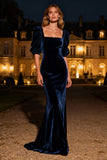 Navy Velvet Mermaid Square Neck Maxi Holiday Party Dress