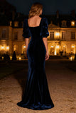 Navy Velvet Mermaid Square Neck Maxi Holiday Party Dress