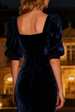 Navy Velvet Mermaid Square Neck Maxi Holiday Party Dress