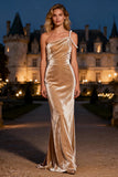 Velvet One Shoulder Mermaid Champagne Maxi Holiday Dress With Pearls