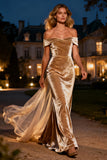 Champagne Off The Shoulder Velvet Long Formal Dress