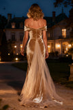 Champagne Off The Shoulder Velvet Long Formal Dress