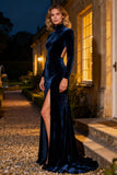 Navy Velvet Cut Out High Neck Maxi Holiday Party Dress With Slit