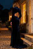 Navy Velvet Cut Out High Neck Maxi Holiday Party Dress With Slit