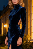 Navy Velvet Cut Out High Neck Maxi Holiday Party Dress With Slit
