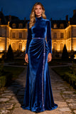Royal Blue Long Sleeve Velvet Formal Dress With Beading