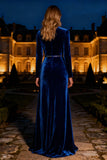 Royal Blue Long Sleeve Velvet Formal Dress With Beading