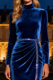 Royal Blue Long Sleeve Velvet Formal Dress With Beading