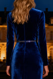 Royal Blue Long Sleeve Velvet Formal Dress With Beading
