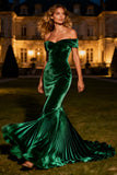 Dark Green Off The Shoulder Mermaid Pleated Velvet Maxi Evening Dress