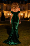 Dark Green Off The Shoulder Mermaid Pleated Velvet Maxi Evening Dress