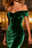 Dark Green Off The Shoulder Mermaid Pleated Velvet Maxi Evening Dress