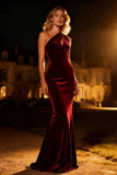 One Shoulder Burgundy Mermaid Velvet Maxi Evening Dress