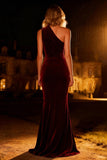 One Shoulder Burgundy Mermaid Velvet Maxi Evening Dress