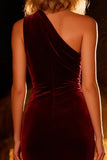 One Shoulder Burgundy Mermaid Velvet Maxi Evening Dress