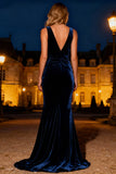 Navy Mermaid Ruched Velvet V-Neck Maxi Holiday Party Dress