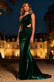 Dark Green One Shoulder Mermaid Velvet Maxi Holiday Dress With 3D Flower