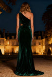 Dark Green One Shoulder Mermaid Velvet Maxi Holiday Dress With 3D Flower