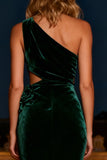 Dark Green One Shoulder Mermaid Velvet Maxi Holiday Dress With 3D Flower