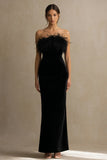 Strapless Sheath Velvet Maxi Black Tie Dress With Feathers