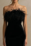 Strapless Sheath Velvet Maxi Black Tie Dress With Feathers