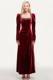 Burgundy Velvet Long Sleeve Holiday Dress With Beading