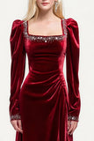 Burgundy Velvet Long Sleeve Holiday Dress With Beading