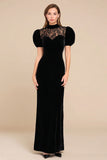 Black Sheath Velvet Long Formal Dress with Puff Sleeves