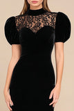 Black Sheath Velvet Long Formal Dress with Puff Sleeves