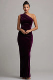 One Shoulder Sheath Plum Velvet Holiday Party Dress