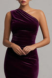 One Shoulder Sheath Plum Velvet Holiday Party Dress