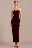 Burgundy Strapless Velvet Sheath Holiday Party Dress With Bow