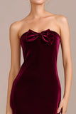 Burgundy Strapless Velvet Sheath Holiday Party Dress With Bow
