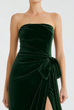 Strapless Pine Ruched Sheath Velvet Holiday Party Dress With Slit