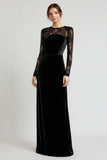 Velvet Sheath Lace Long Sleeve Black Tie Dress