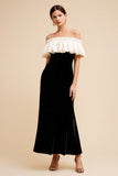 Black and White Off The Shoulder Velvet Formal Dress With Ruffles