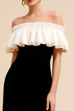 Black and White Off The Shoulder Velvet Formal Dress With Ruffles