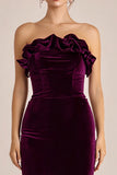Plum Strapless Sheath Formal Dress With Ruffles