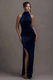 Dark Navy Halter Velvet Holiday Party Dress With Slit