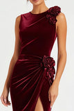Burgundy Velvet Sheath Holiday Party Dress With Slit