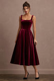 Burgundy A-Line Velvet Tea-Length Holiday Party Dress