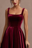 Burgundy A-Line Velvet Tea-Length Holiday Party Dress