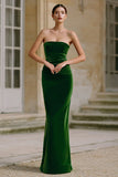 Dark Green Strapless Sheath Velvet Holiday Dress
