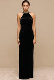 Velvet Halter Sheath Maxi Black Tie Dress