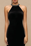 Velvet Halter Sheath Maxi Black Tie Dress