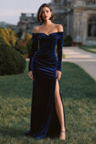 Navy Velvet Off The Shoulder Sheath Holiday Dress With Slit
