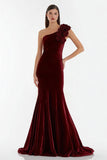 Burgundy One Shoulder Mermaid Velvet Holiday Party Dress